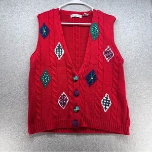 Heirlooms Vibrant Red V-Neck Sweater Vest with Geometric Accents